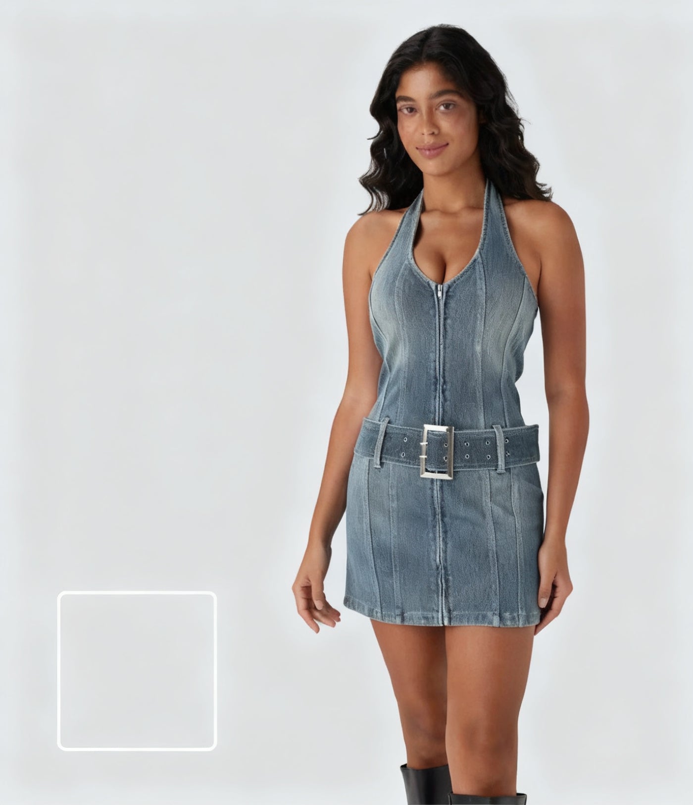Halter Belted Denim Mini Dress
