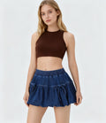 Mid-Rise Denim Bubble Mini Skirt