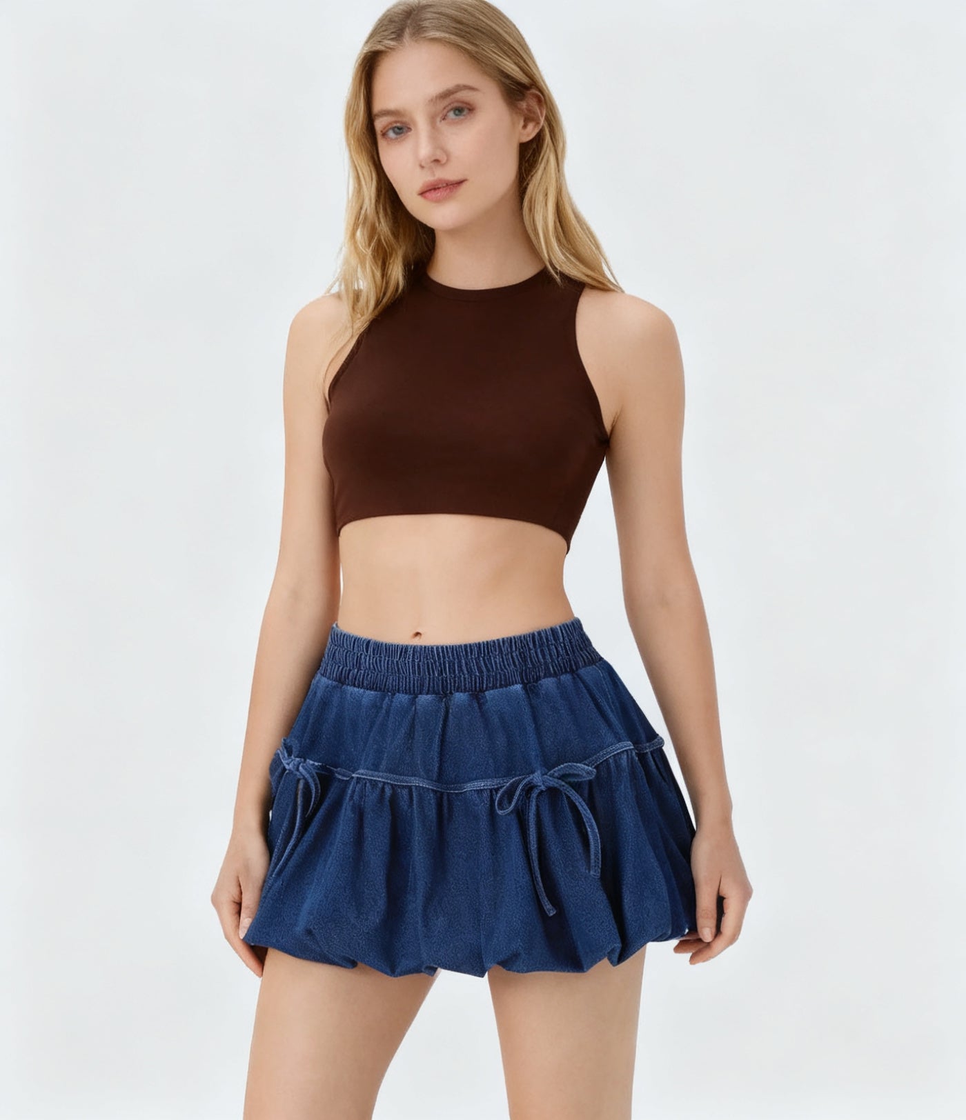 Mid-Rise Denim Bubble Mini Skirt