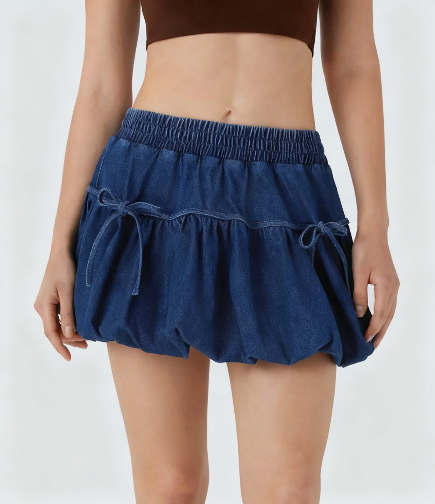 Mid-Rise Denim Bubble Mini Skirt