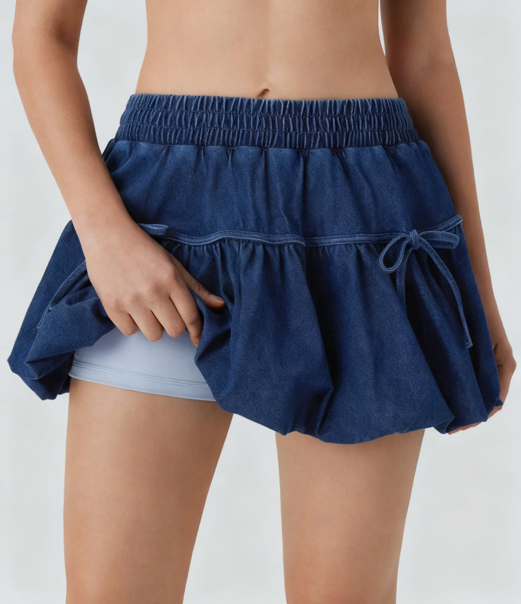 Mid-Rise Denim Bubble Mini Skirt