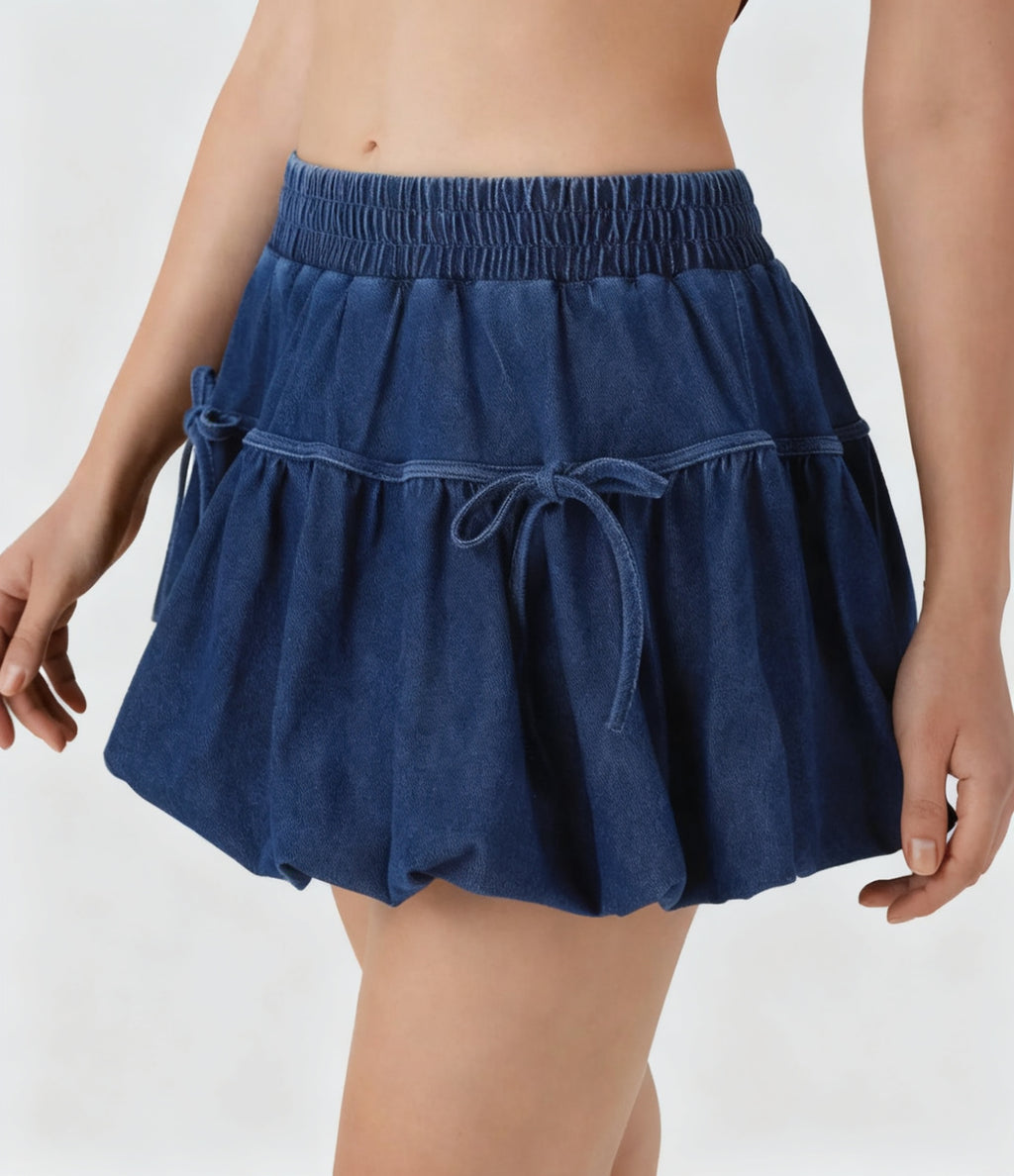 Mid-Rise Denim Bubble Mini Skirt