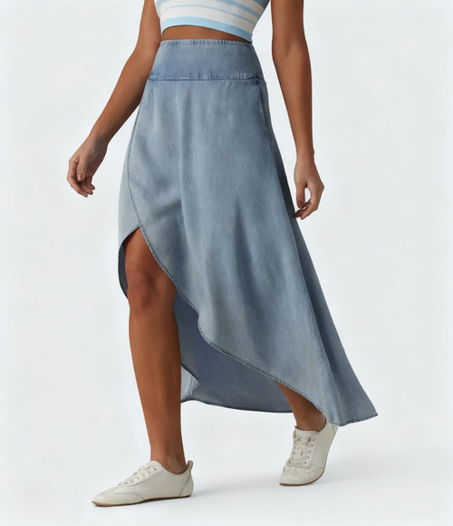 High-Waisted Draped Denim Midi Skirt