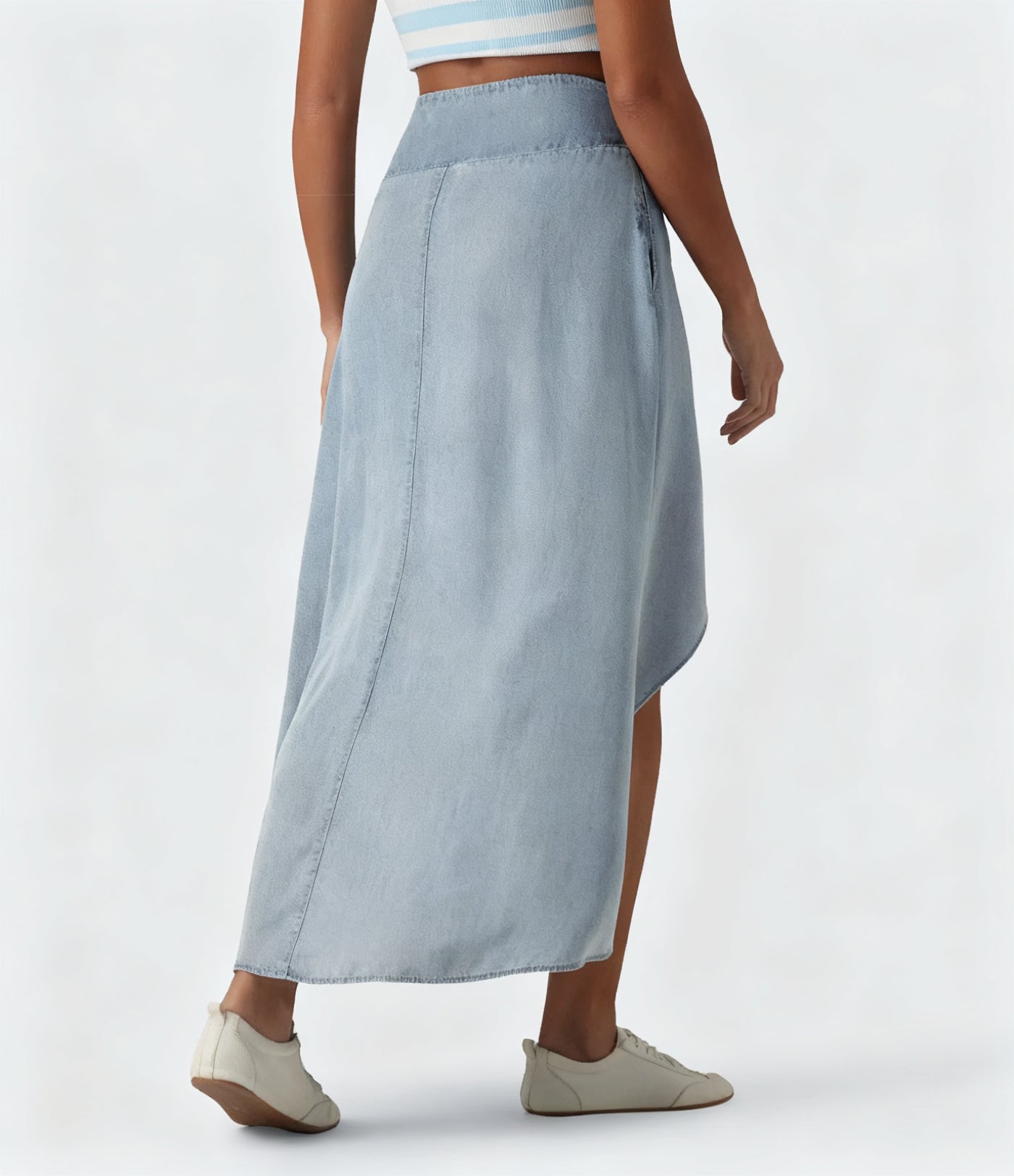 High-Waisted Draped Denim Midi Skirt