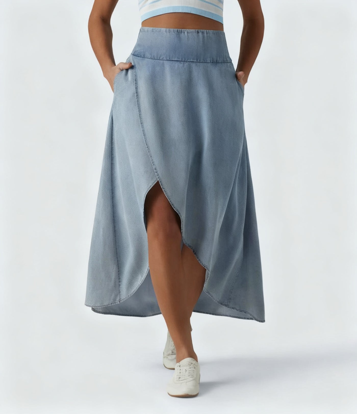 High-Waisted Draped Denim Midi Skirt